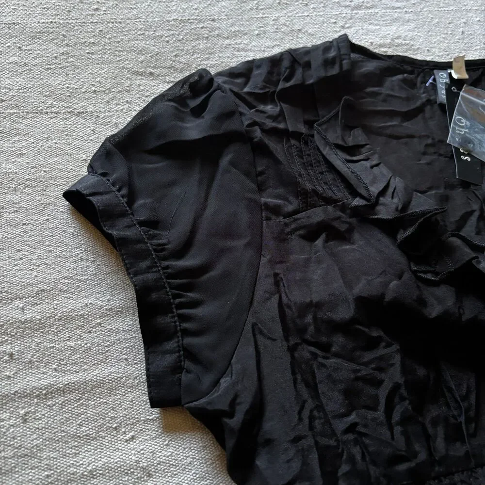 Y2K Silk Blend Black Ruffled Short Sleeve Button-Up